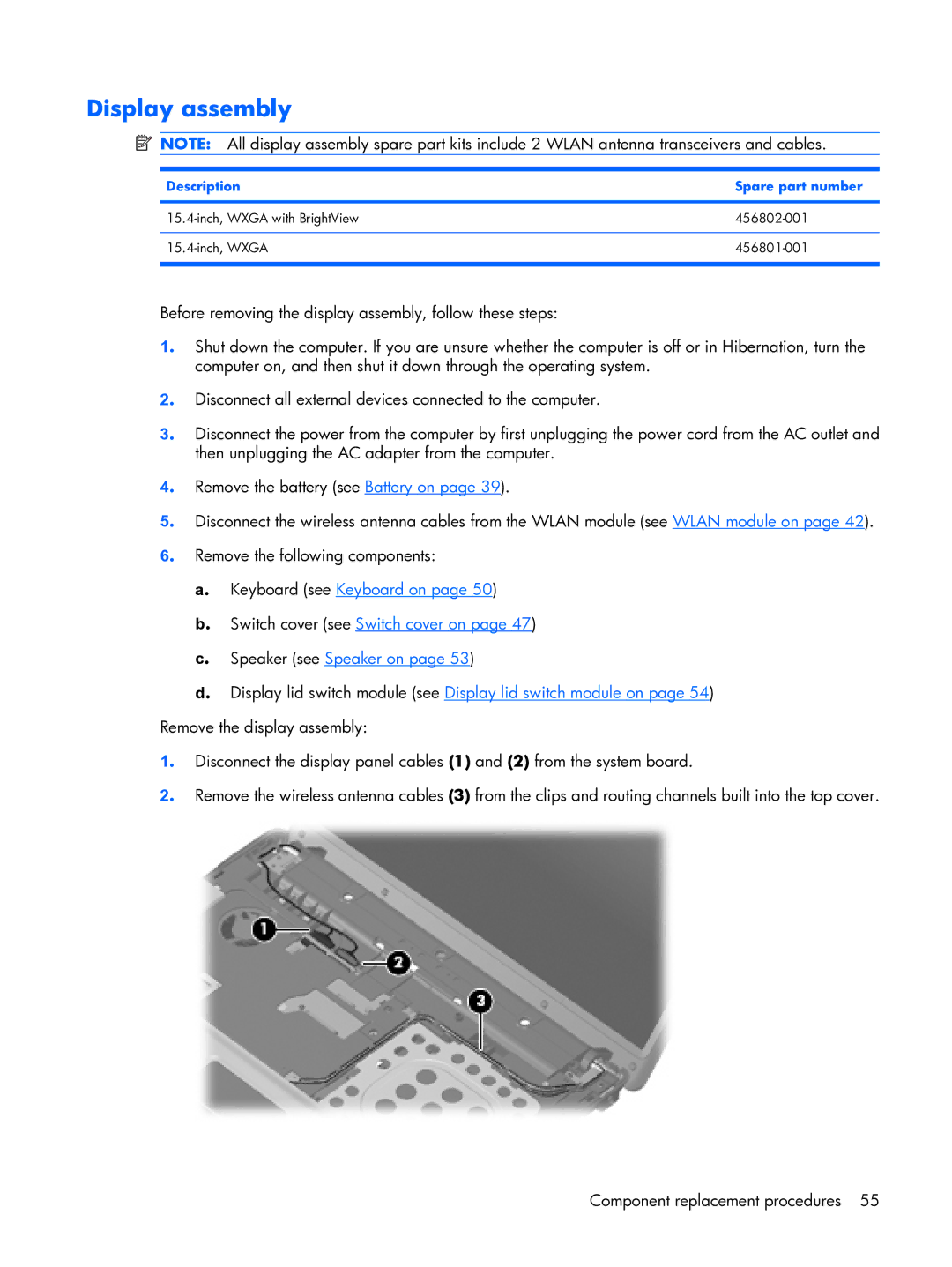 HP 6720R manual Display assembly, Description Spare part number 