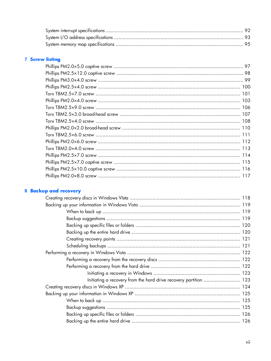 HP 6720R manual Screw listing 