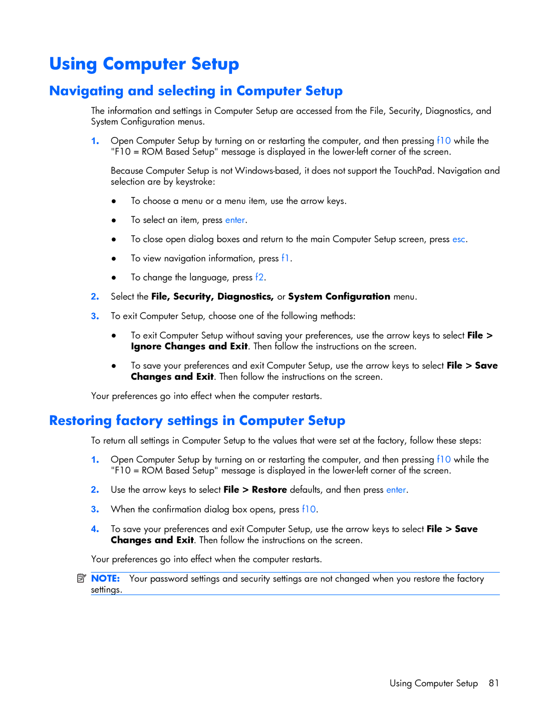 HP 6720R Using Computer Setup, Navigating and selecting in Computer Setup, Restoring factory settings in Computer Setup 