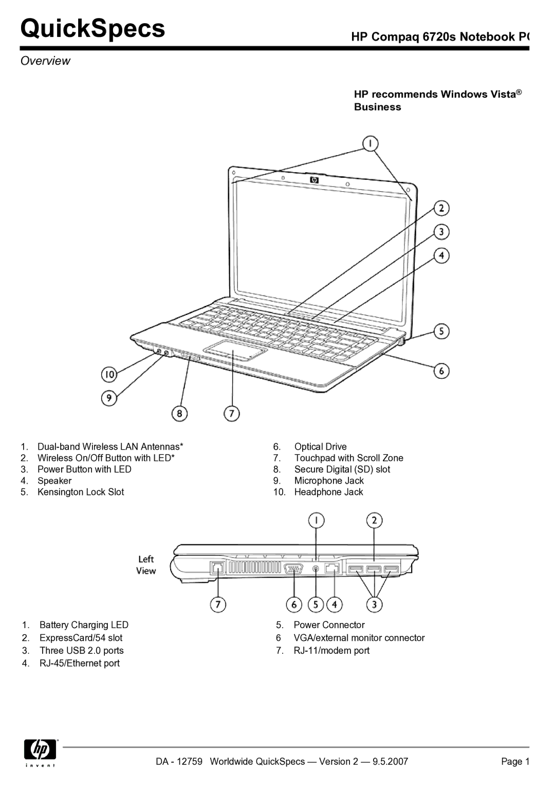 HP 6720s manual QuickSpecs, Overview 