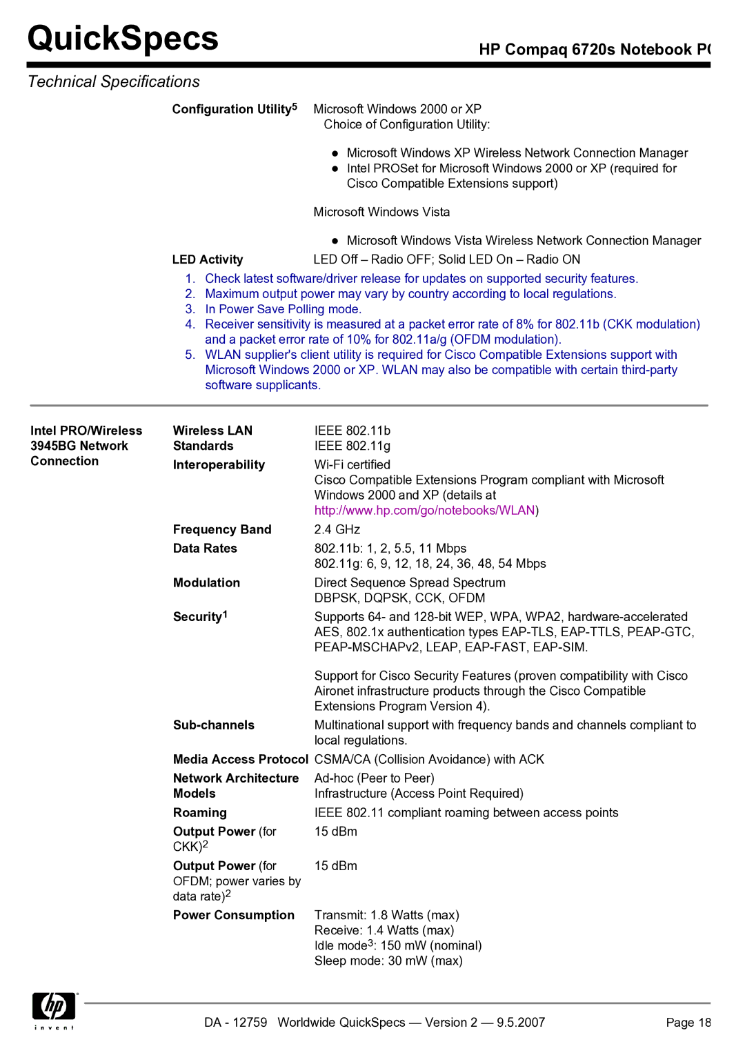 HP 6720s LED Activity LED Off Radio OFF Solid LED On Radio on, Intel PRO/Wireless 3945BG Network Connection Wireless LAN 