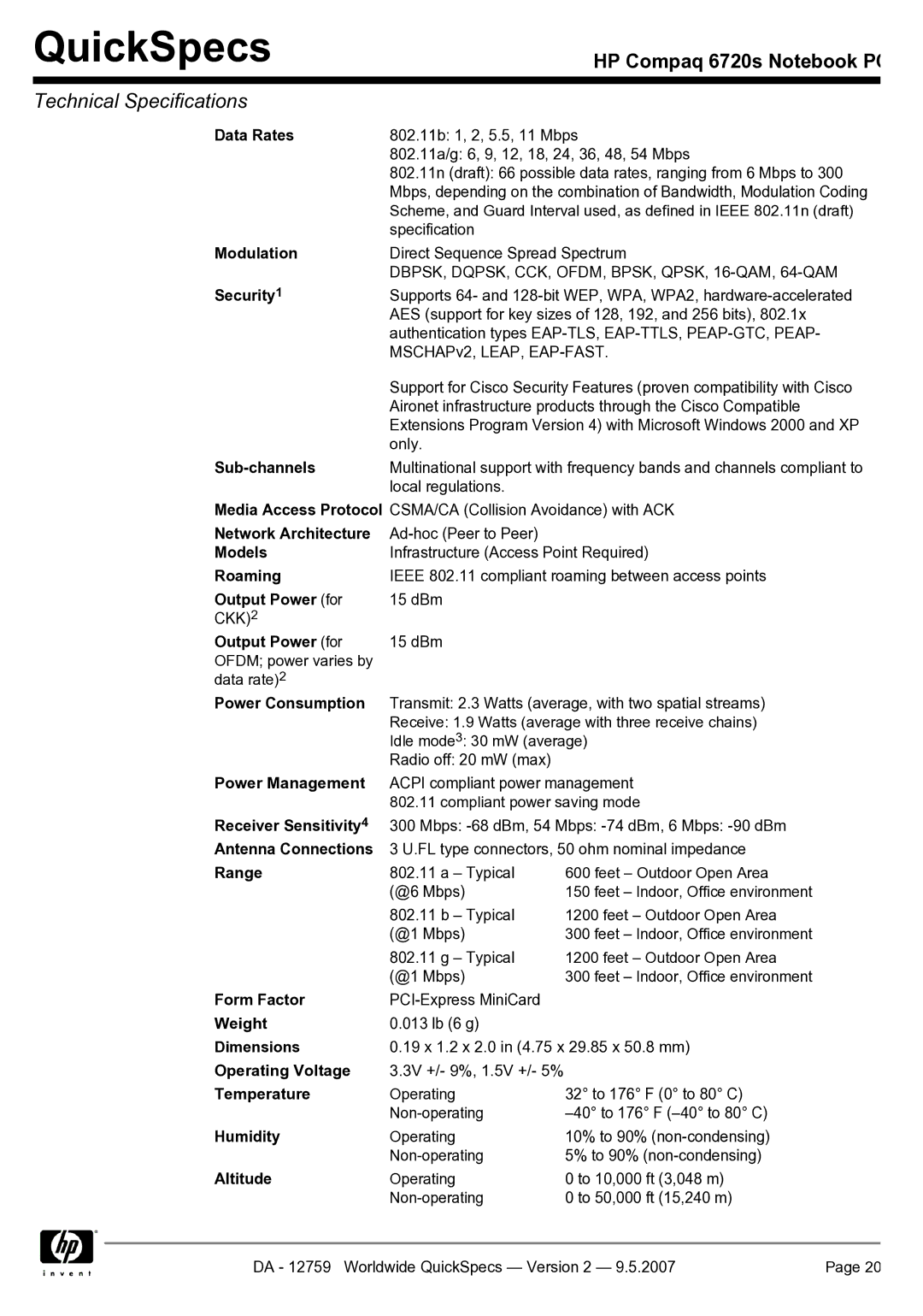 HP 6720s manual DBPSK, DQPSK, CCK, OFDM, BPSK, QPSK, 16-QAM, 64-QAM 