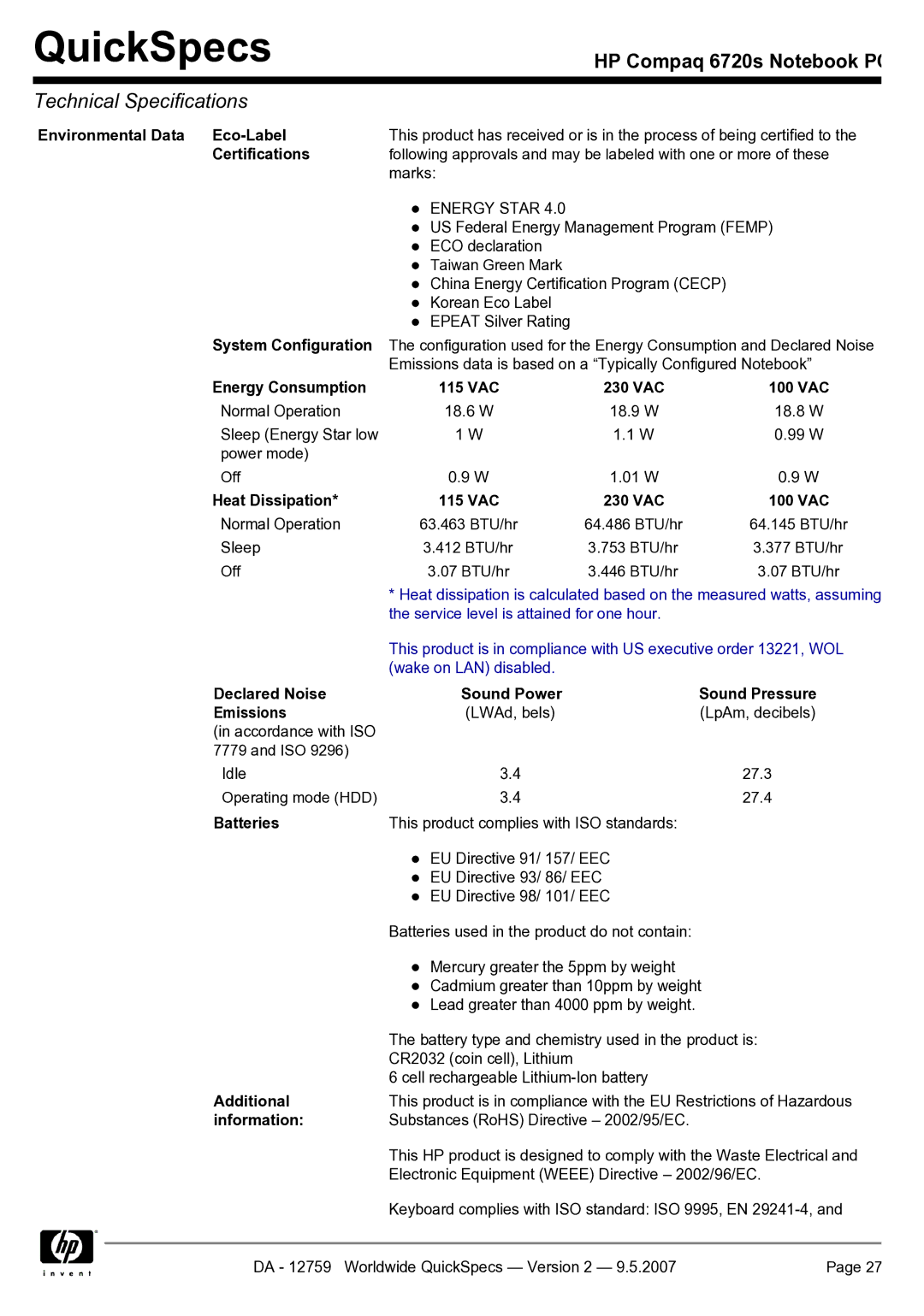 HP 6720s manual Energy Consumption 115 VAC 230 VAC 100 VAC, Heat Dissipation 115 VAC 230 VAC 100 VAC, Batteries, Additional 