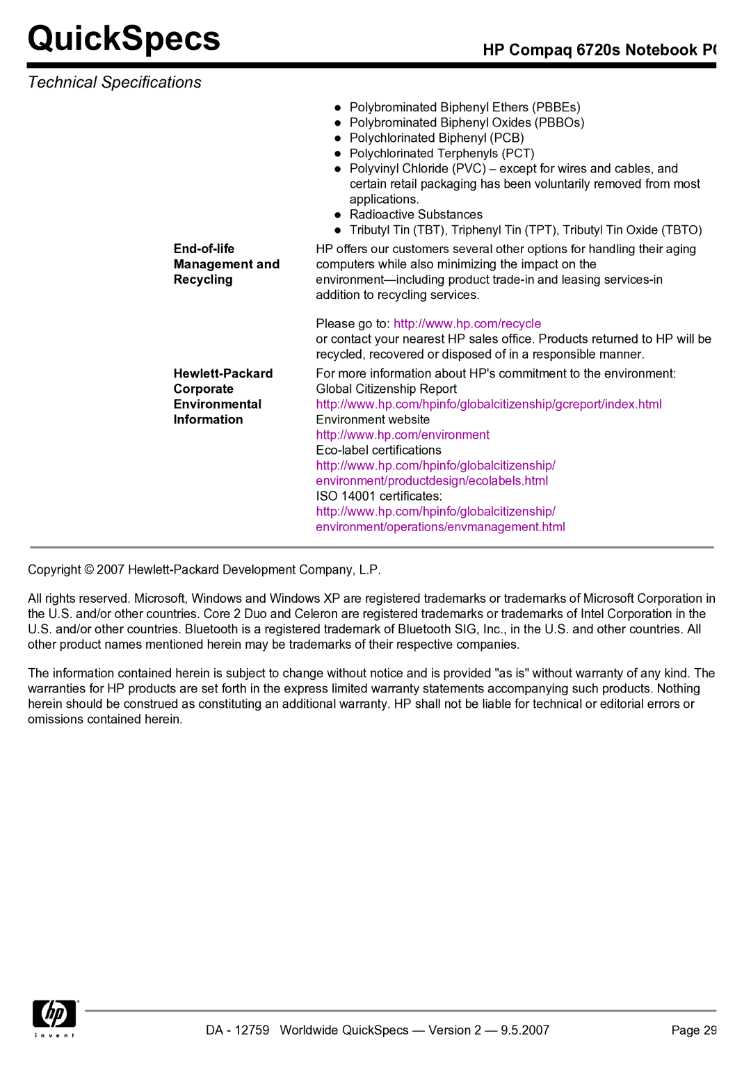 HP 6720s manual End-of-life, Management, Recycling, Hewlett-Packard, Corporate, Environmental Information 