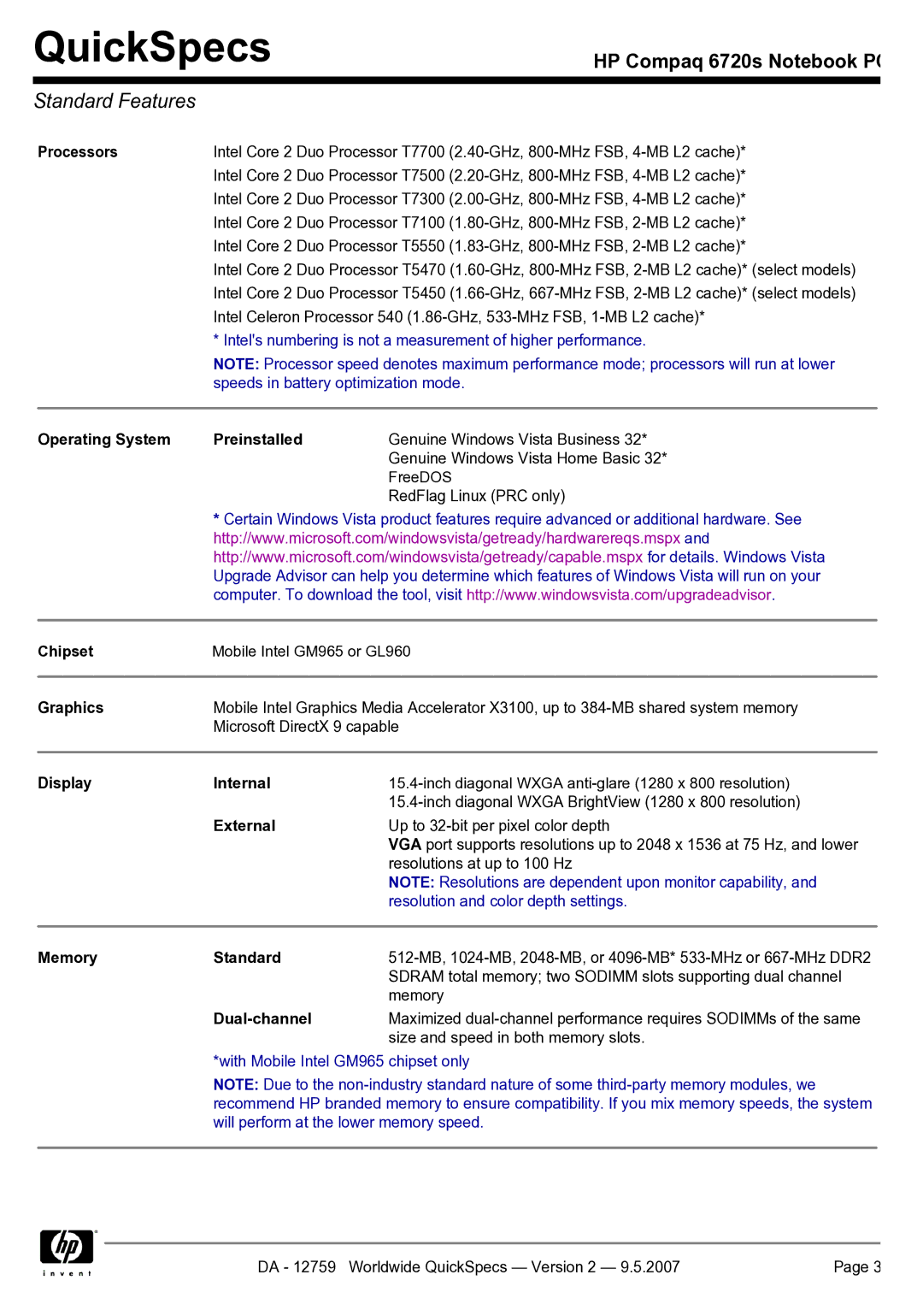 HP 6720s manual Standard Features 