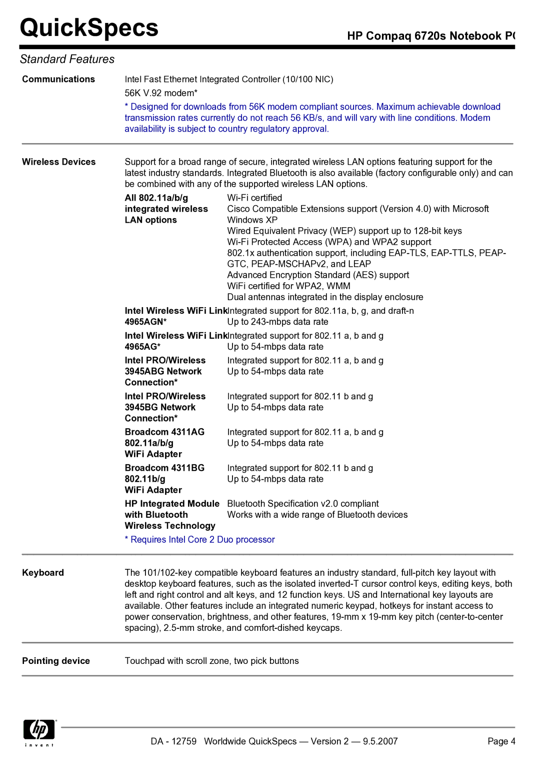 HP 6720s Wireless Devices, All 802.11a/b/g, Integrated wireless, LAN options, 4965AGN, Intel PRO/Wireless, 3945ABG Network 