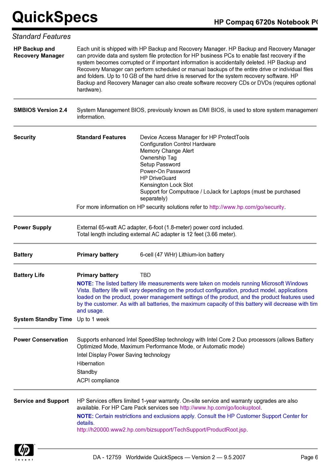 HP 6720s HP Backup, Recovery Manager, Smbios Version, Security Standard Features, Power Supply, Battery Primary battery 