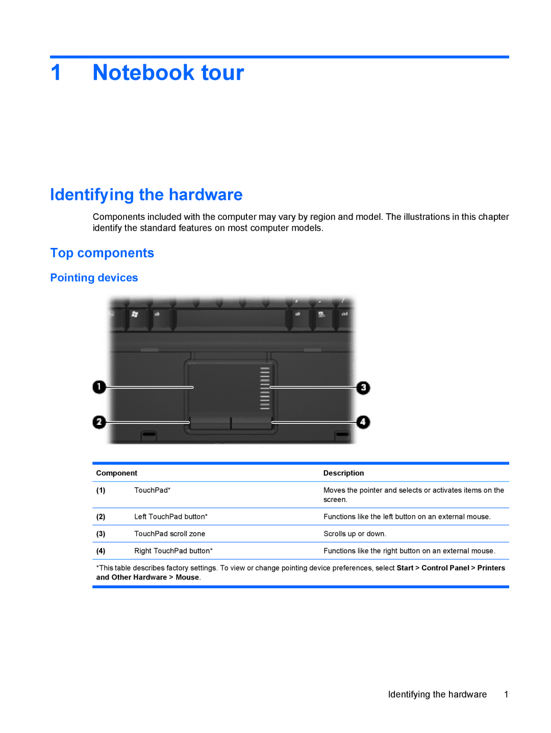 HP 6720t Mobile manual Identifying the hardware, Top components, Pointing devices 