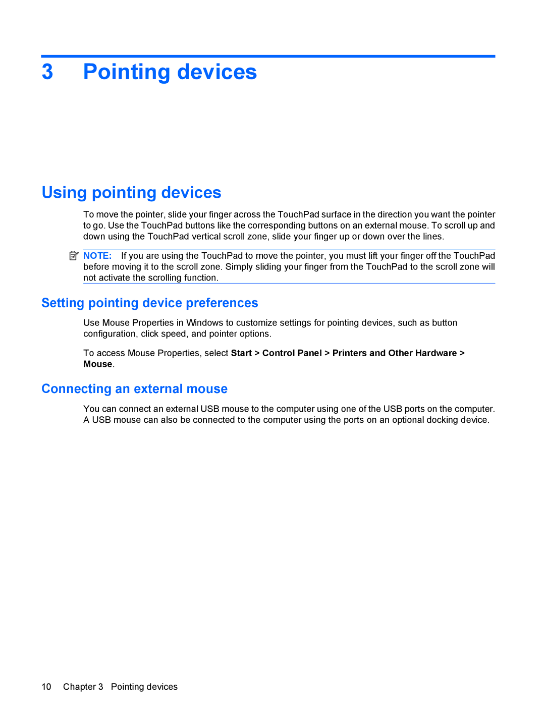 HP 6720t Mobile manual Pointing devices, Using pointing devices, Setting pointing device preferences 