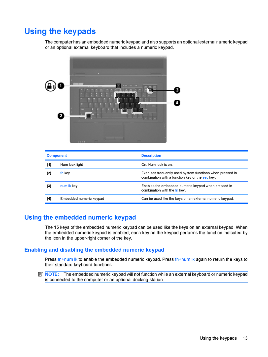 HP 6720t Mobile Using the keypads, Using the embedded numeric keypad, Enabling and disabling the embedded numeric keypad 