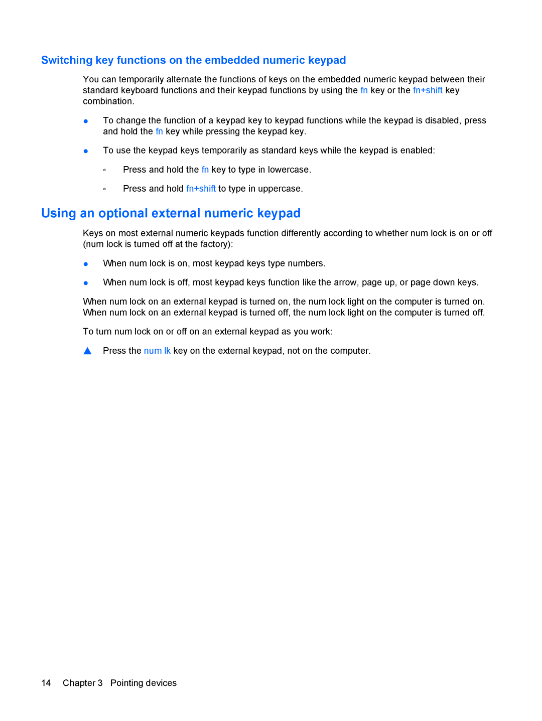 HP 6720t Mobile manual Using an optional external numeric keypad, Switching key functions on the embedded numeric keypad 