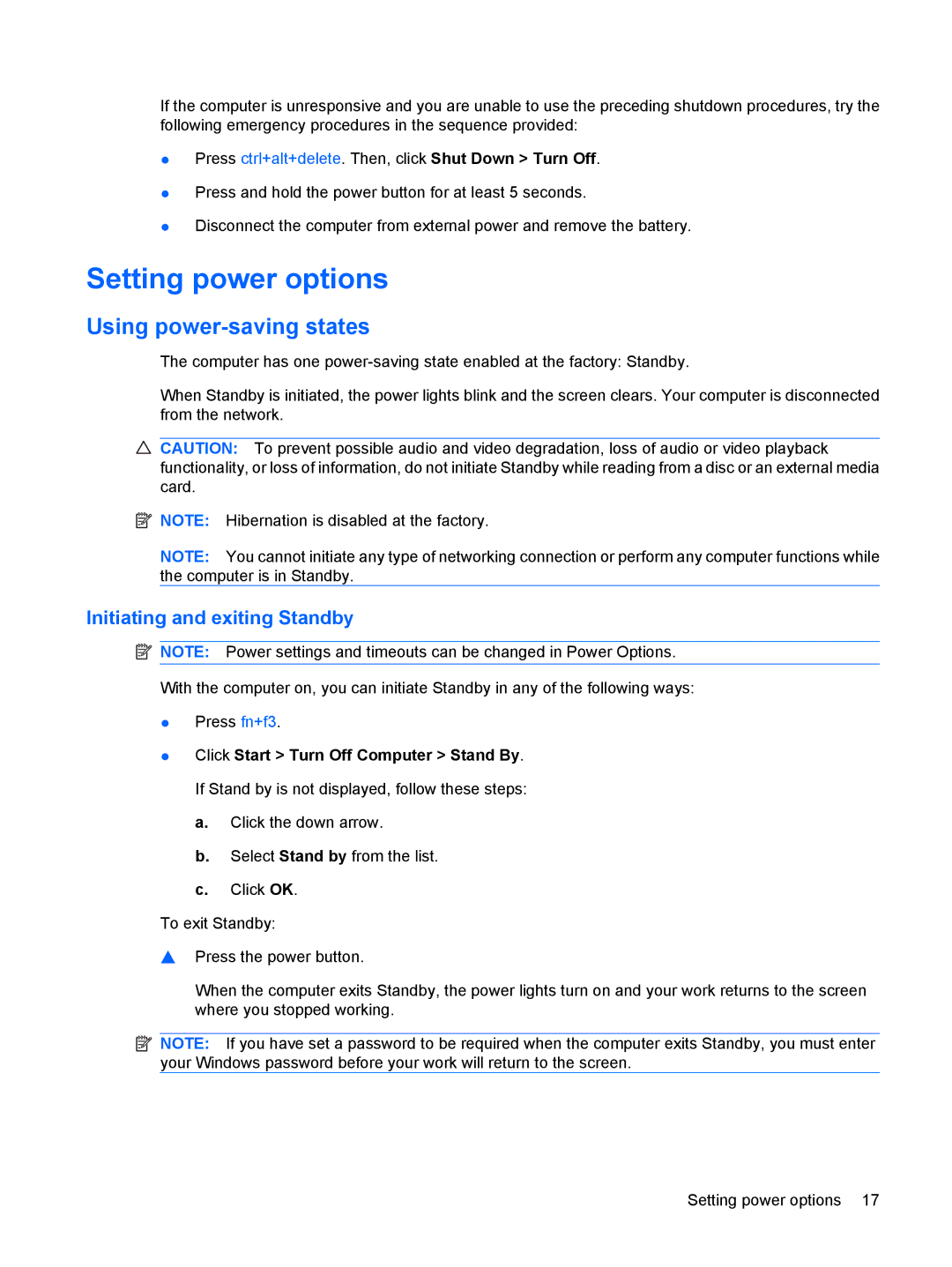 HP 6720t Mobile manual Setting power options, Using power-saving states, Initiating and exiting Standby 