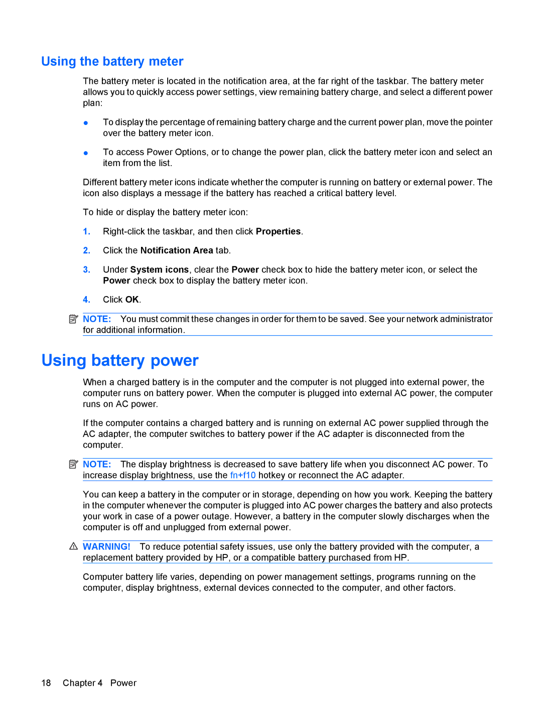 HP 6720t Mobile manual Using battery power, Using the battery meter 