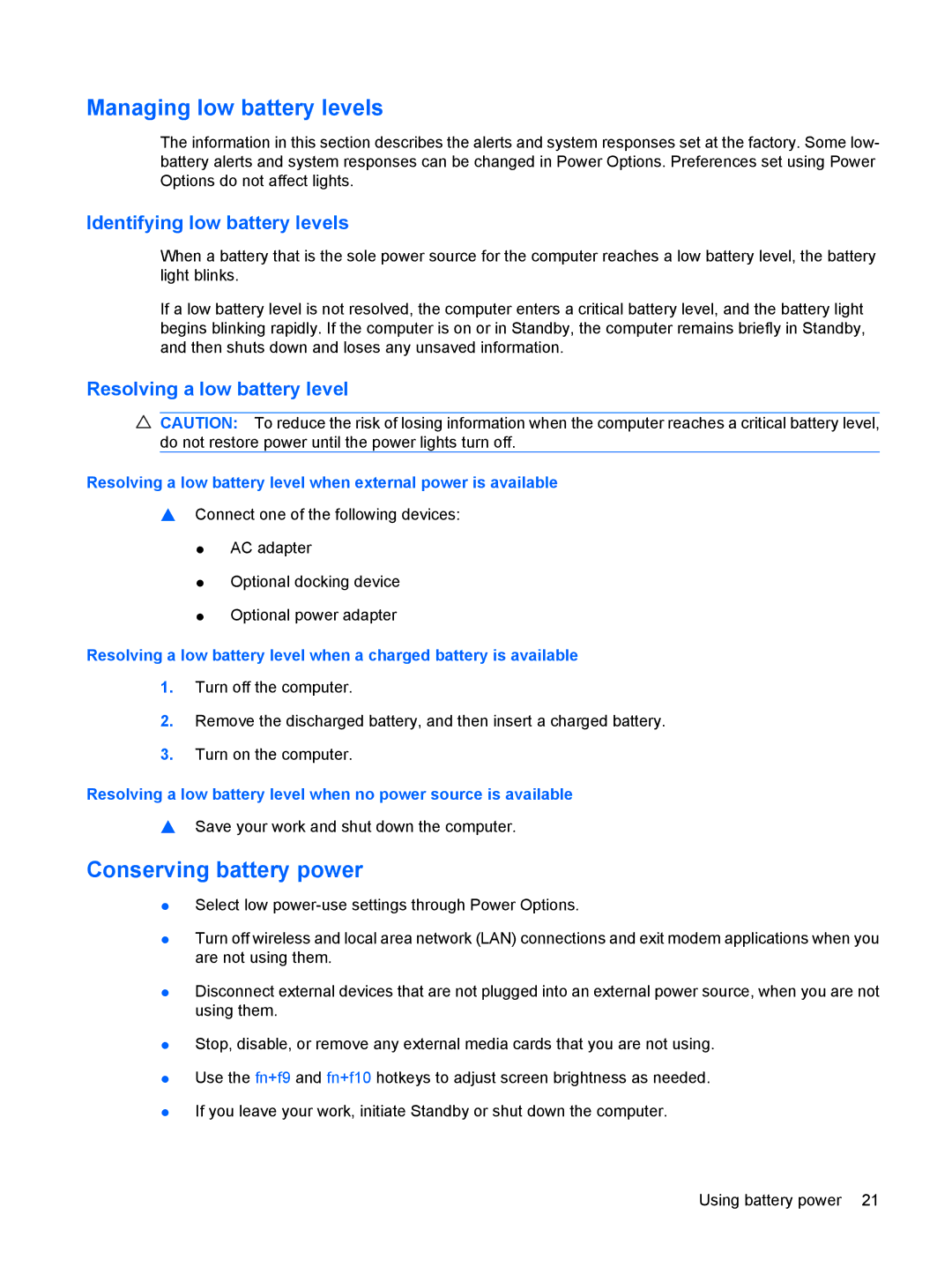 HP 6720t Mobile manual Managing low battery levels, Conserving battery power, Identifying low battery levels 