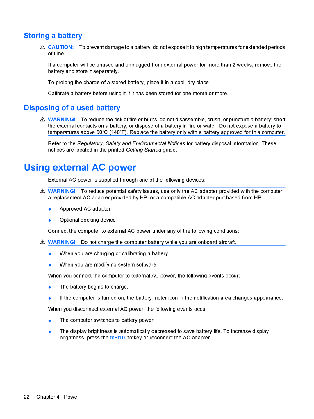 HP 6720t Mobile manual Using external AC power, Storing a battery, Disposing of a used battery 