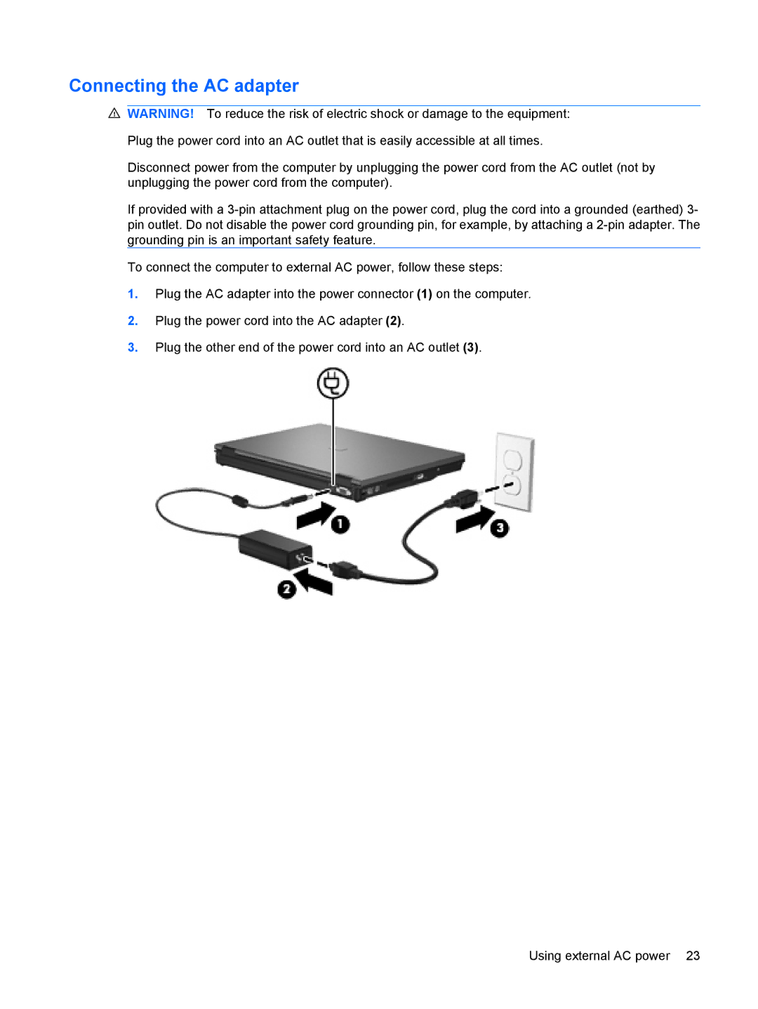 HP 6720t Mobile manual Connecting the AC adapter 