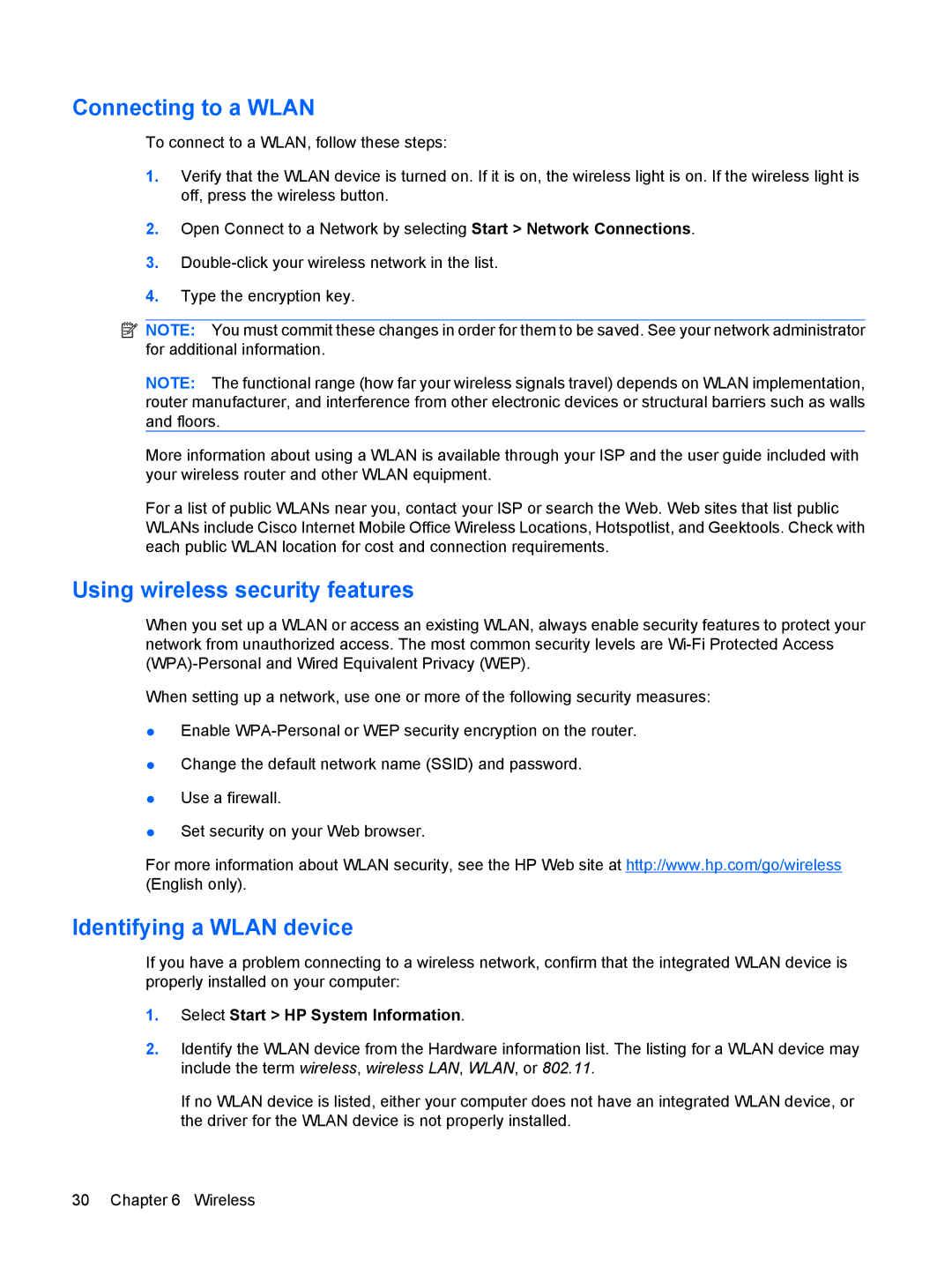 HP 6720t Mobile manual Connecting to a Wlan, Using wireless security features, Identifying a Wlan device 