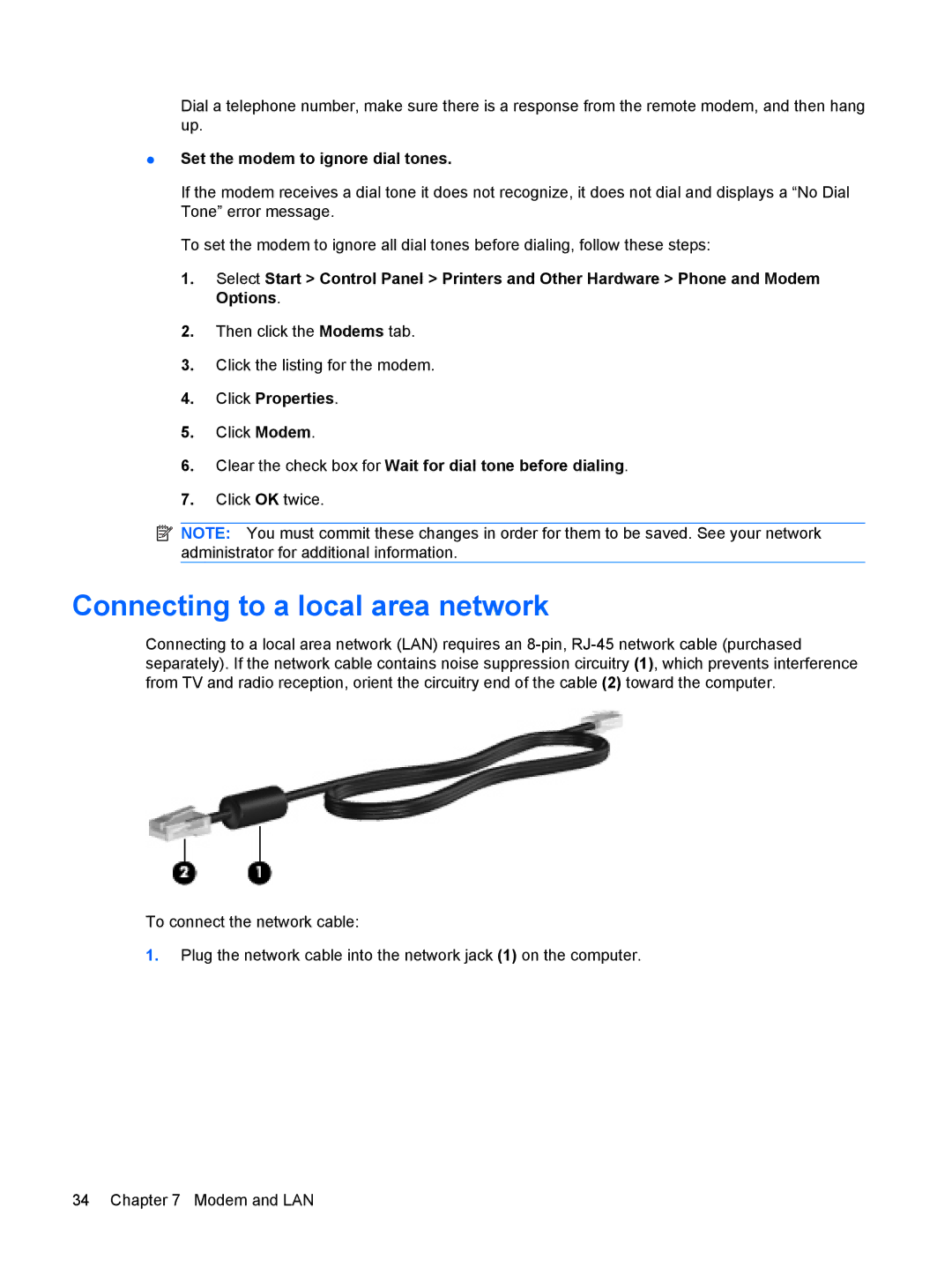 HP 6720t Mobile manual Connecting to a local area network, Set the modem to ignore dial tones 