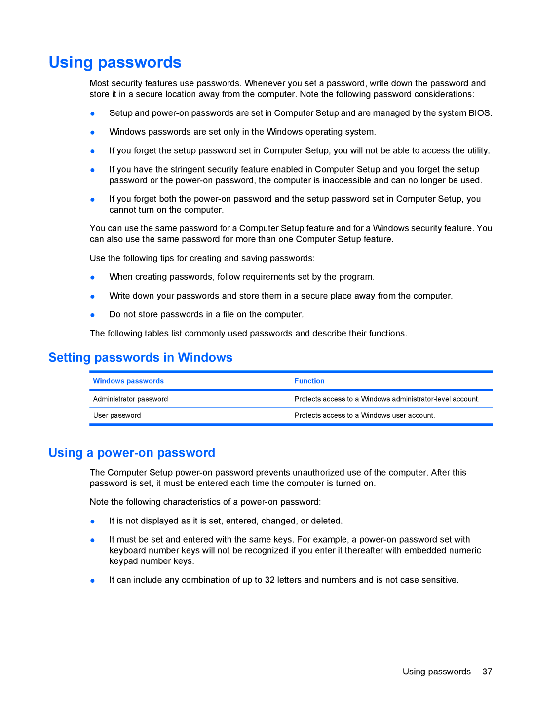 HP 6720t Mobile manual Using passwords, Setting passwords in Windows, Using a power-on password 