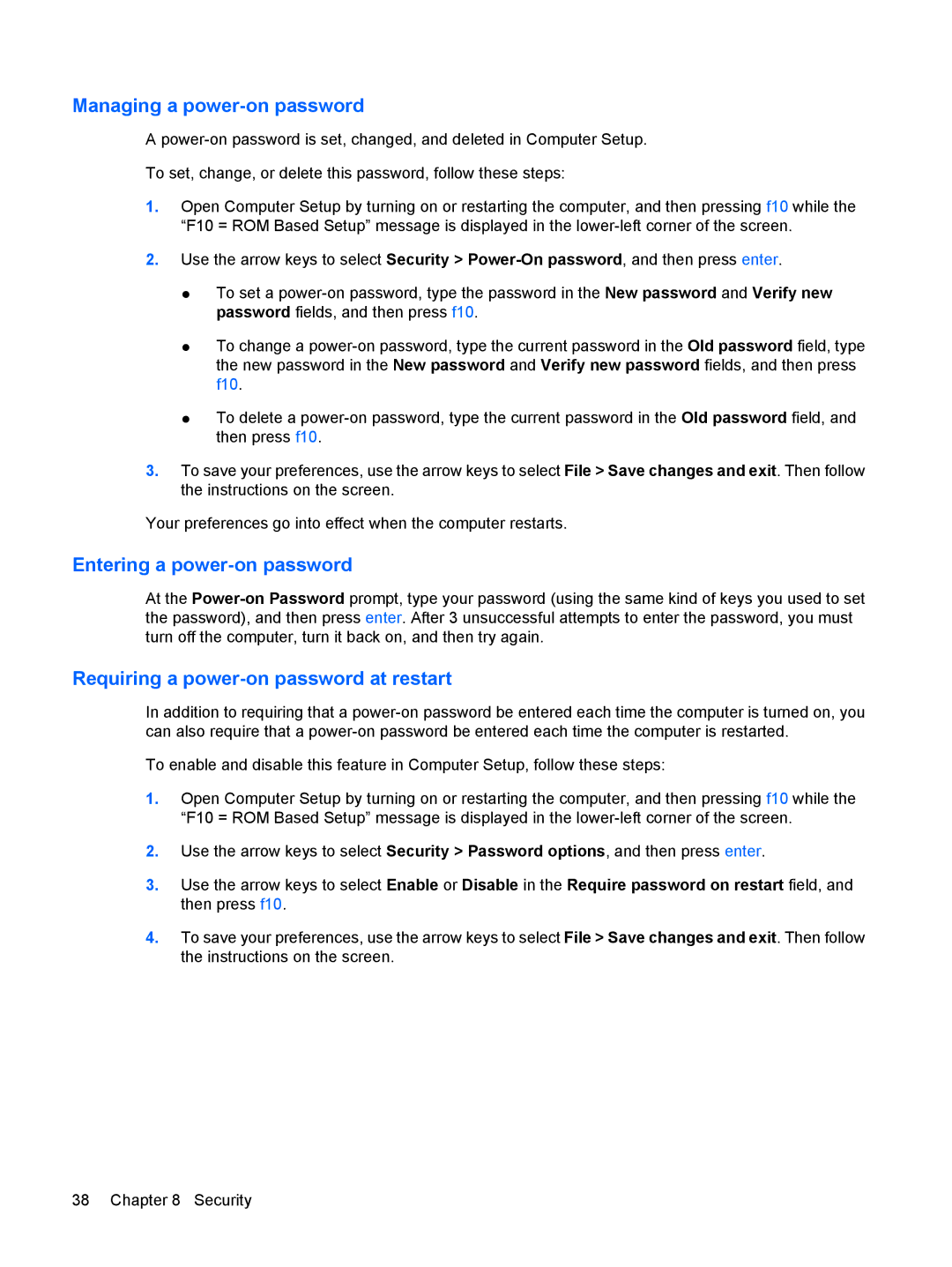 HP 6720t Mobile manual Managing a power-on password, Entering a power-on password, Requiring a power-on password at restart 