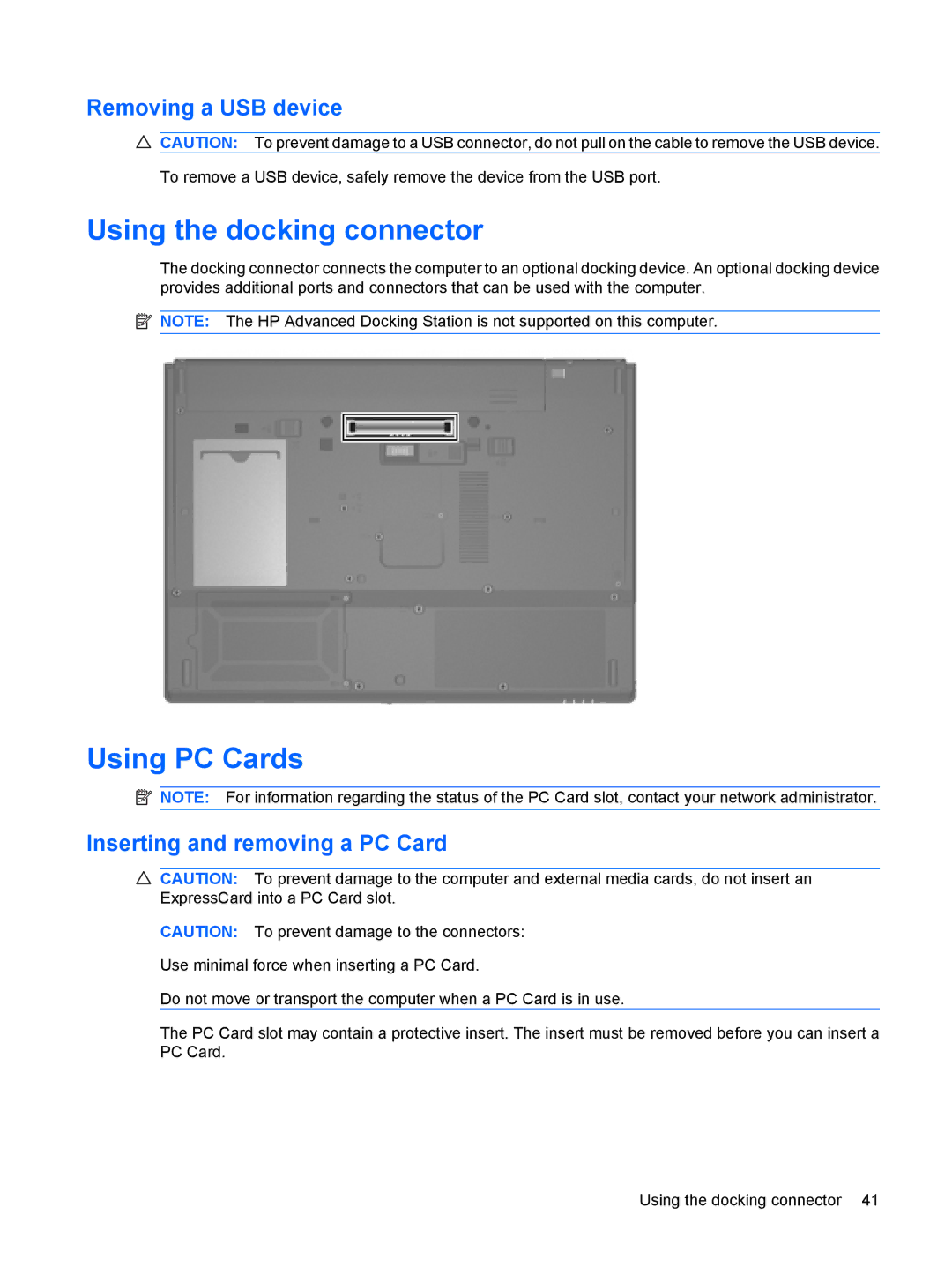 HP 6720t Mobile manual Using the docking connector, Using PC Cards, Removing a USB device, Inserting and removing a PC Card 