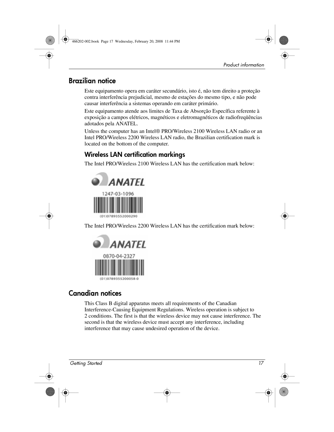 HP 6720t Mobile manual Brazilian notice, Canadian notices 