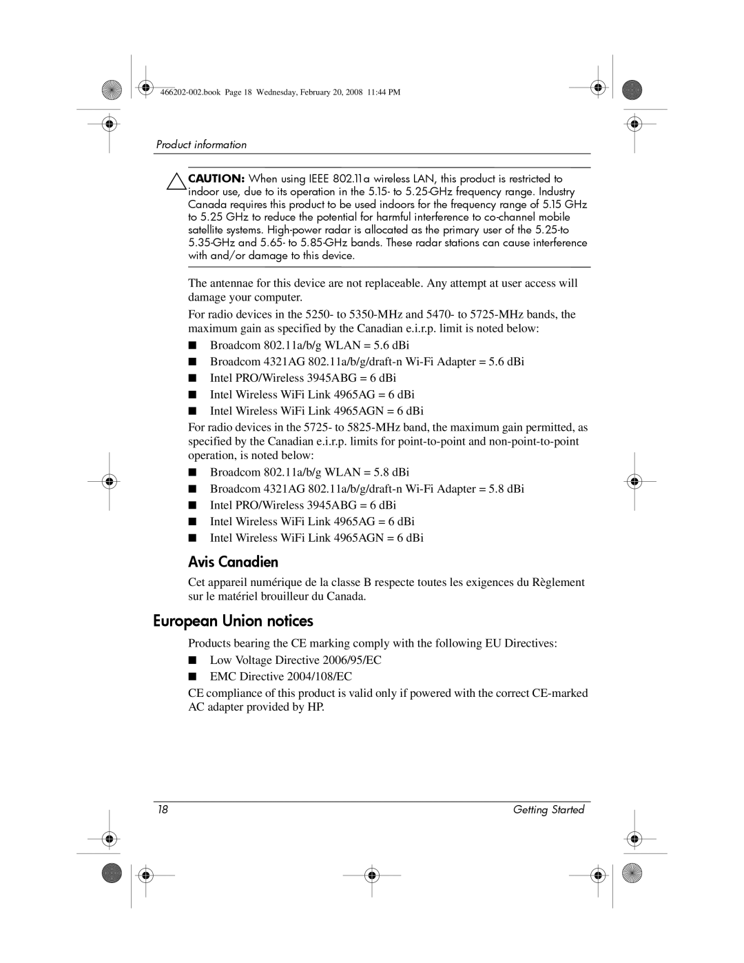 HP 6720t Mobile manual European Union notices, Avis Canadien 