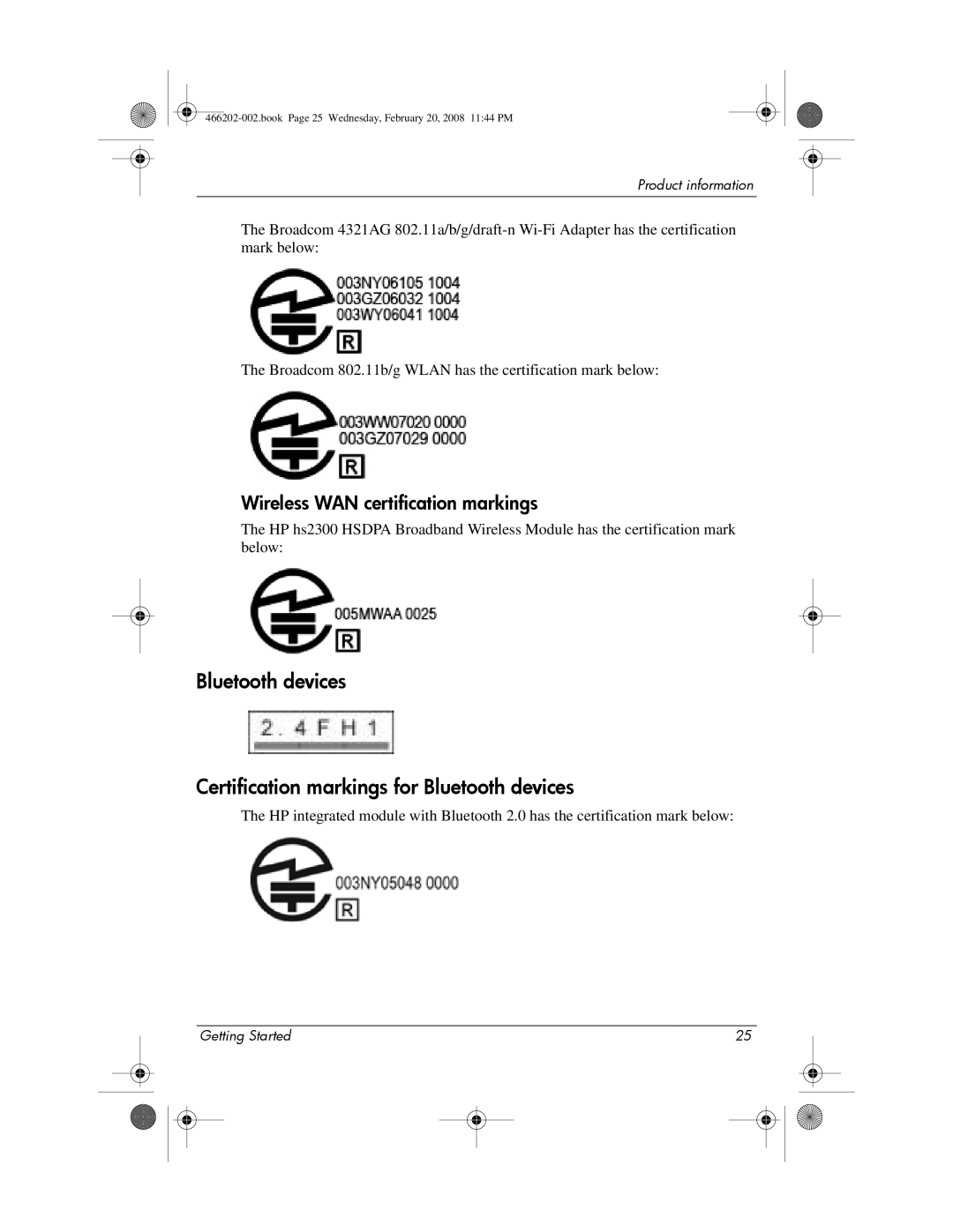 HP 6720t Mobile manual Wireless WAN certification markings 