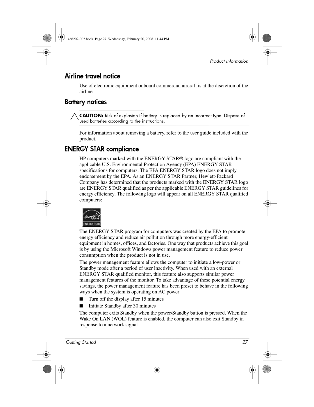 HP 6720t Mobile manual Airline travel notice, Battery notices, Energy Star compliance 