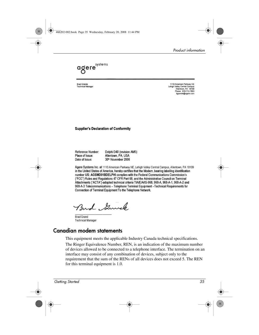 HP 6720t Mobile manual Canadian modem statements 