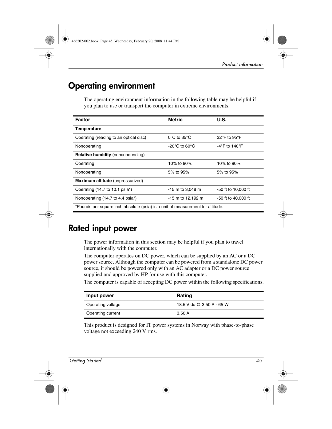 HP 6720t Mobile manual Operating environment, Rated input power 