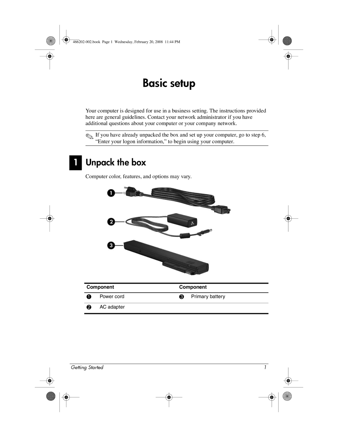 HP 6720t Mobile manual Basic setup, Unpack the box 