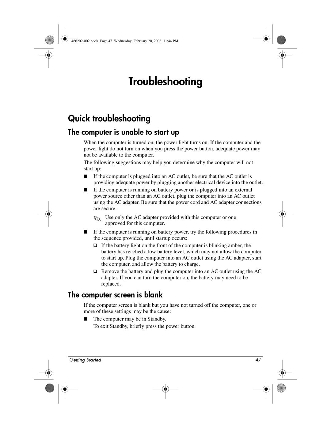 HP 6720t Mobile manual Quick troubleshooting, Computer is unable to start up, Computer screen is blank 