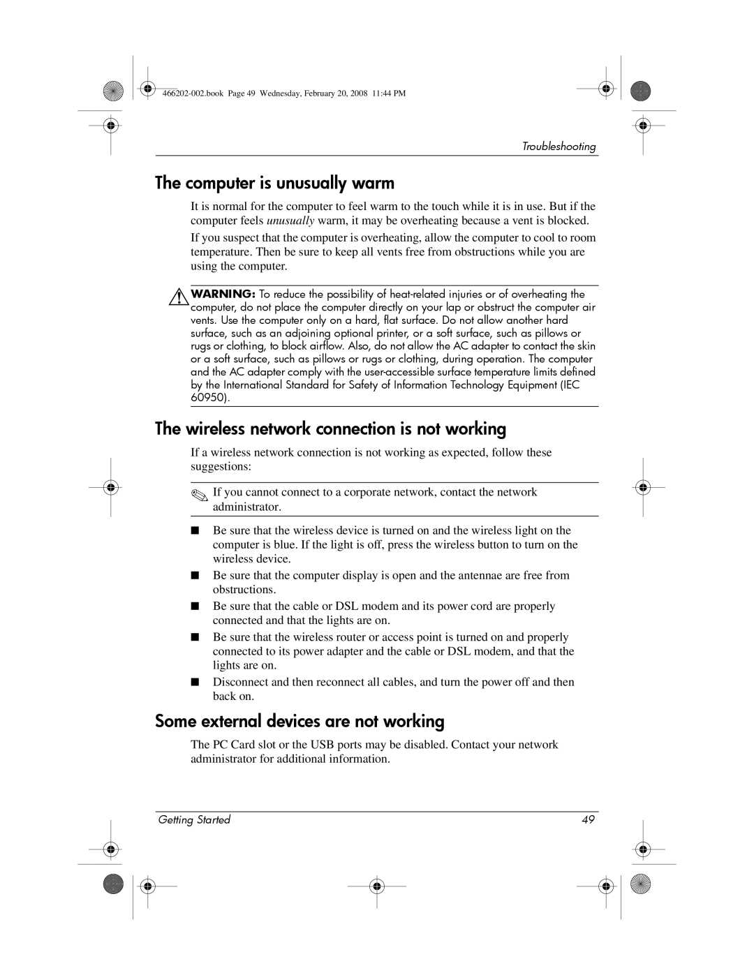 HP 6720t Mobile manual Computer is unusually warm, Wireless network connection is not working 