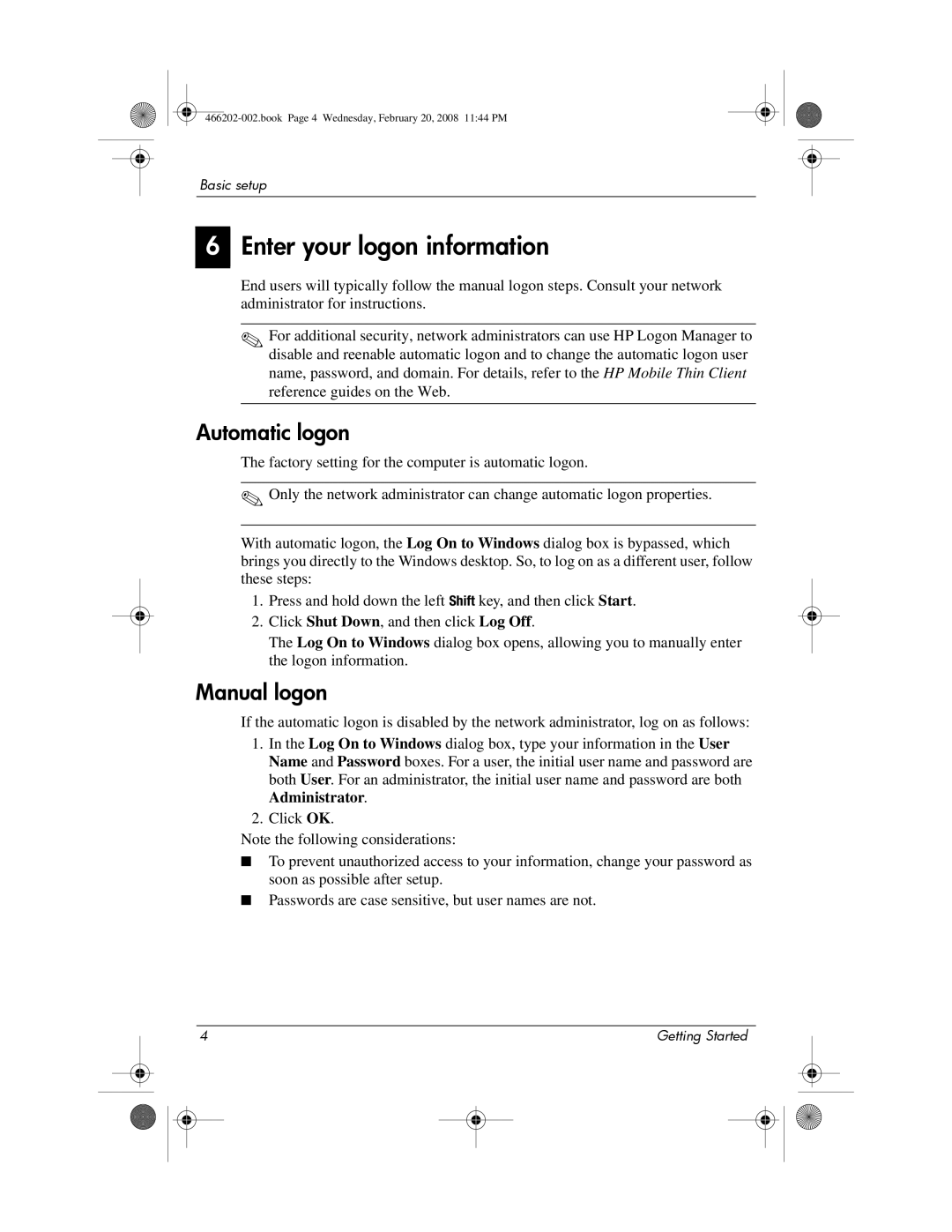 HP 6720t Mobile manual Enter your logon information, Automatic logon, Manual logon 