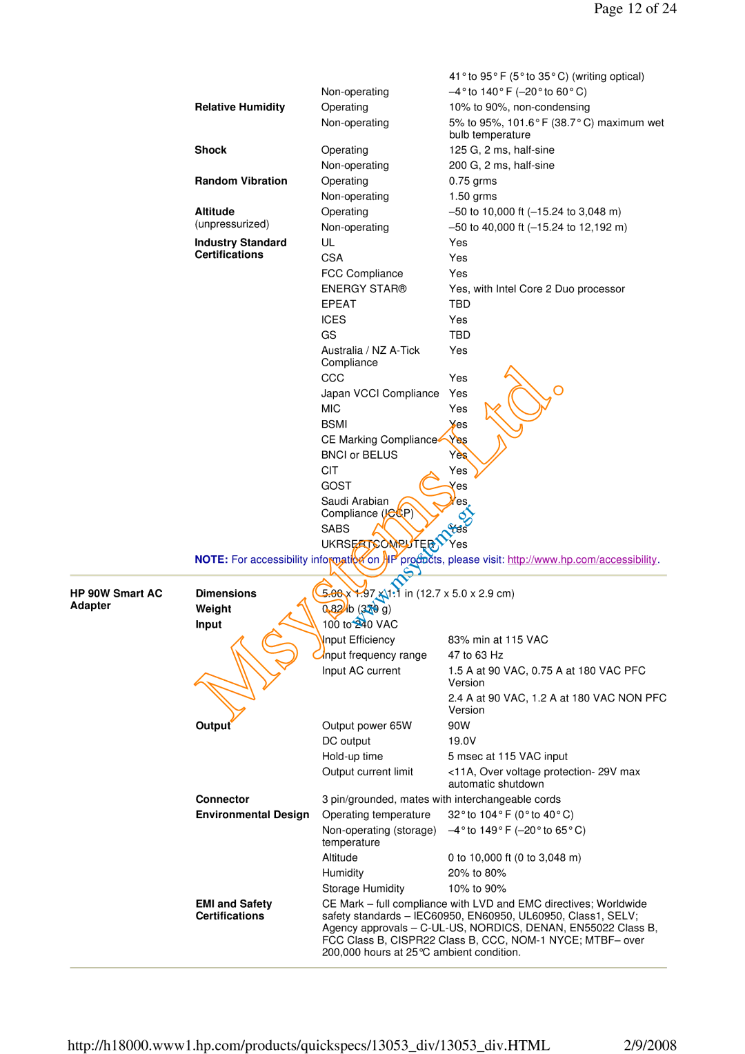 HP 6730b Relative Humidity, Shock, Random Vibration, Altitude, Industry Standard, Certifications, Adapter Weight, Input 