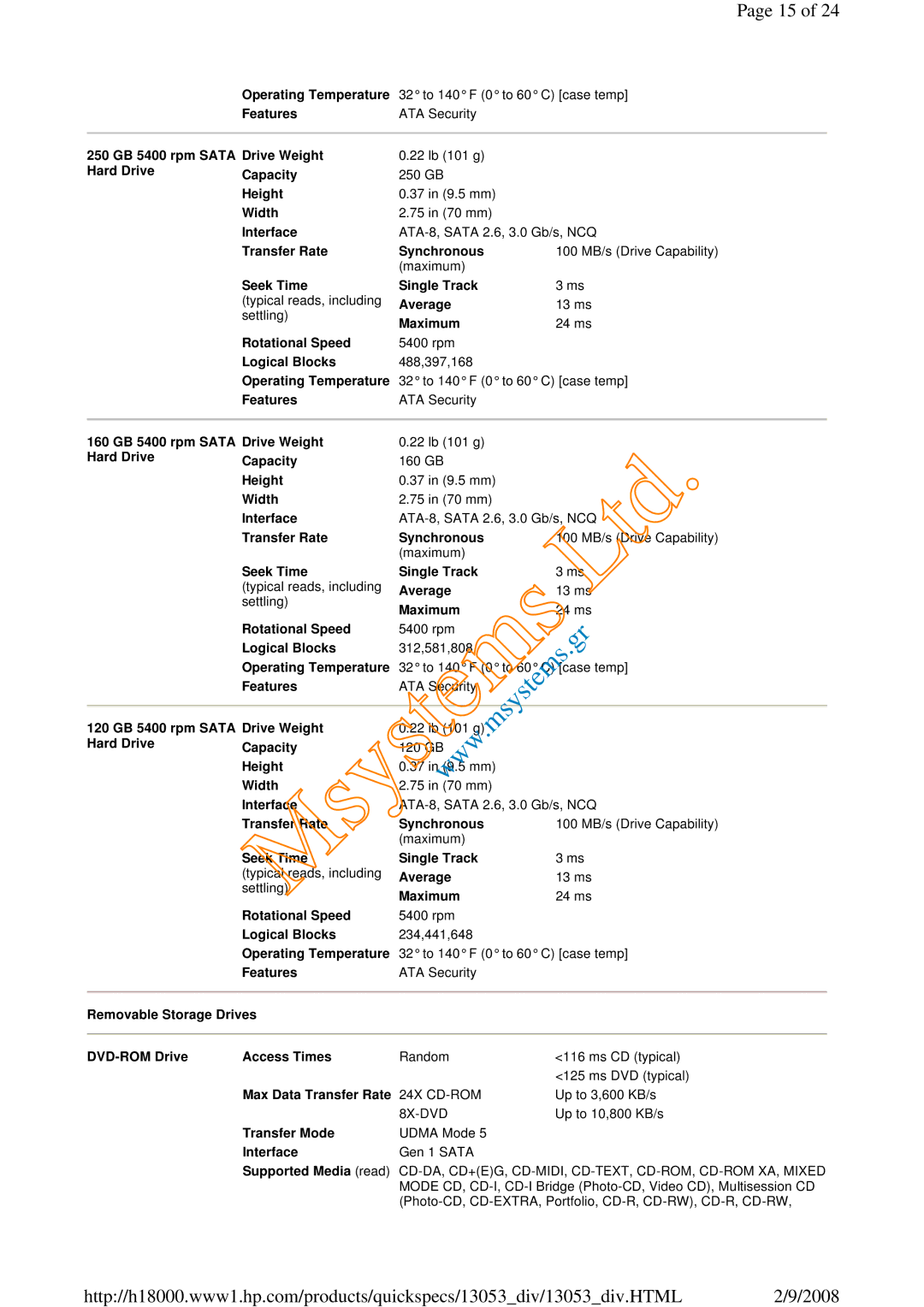 HP 6730b Operating Temperature, Features, 250 GB 5400 rpm Sata Drive Weight, Hard Drive Capacity, Seek Time Single Track 