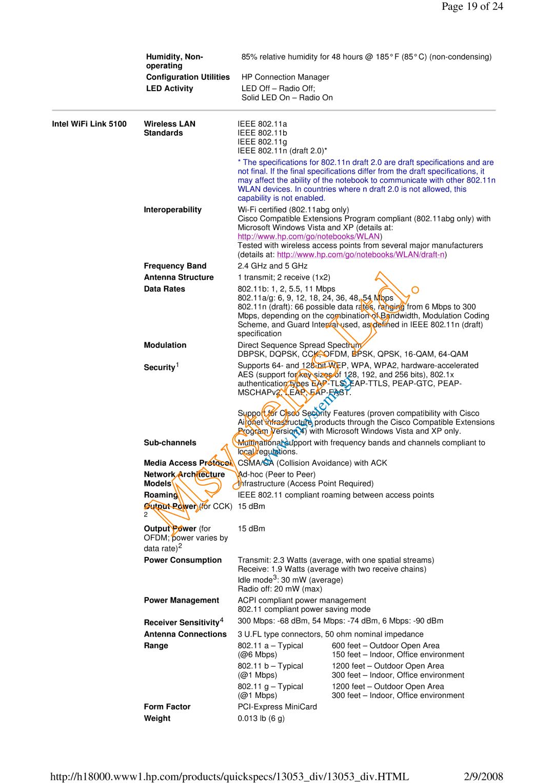 HP 6730b Humidity, Non, Operating Configuration Utilities, LED Activity, Intel WiFi Link Wireless LAN, Interoperability 