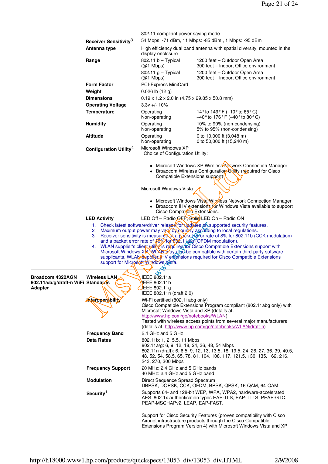 HP 6730b Receiver Sensitivity3 Antenna type, Broadcom 4322AGN Wireless LAN, 802.11a/b/g/draft-n WiFi Standards, Adapter 