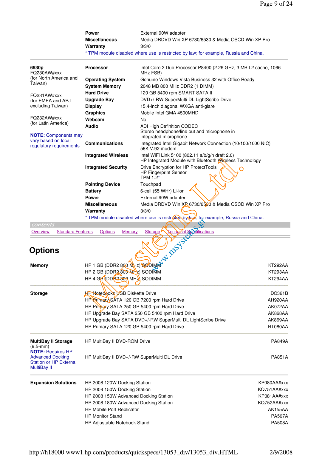 HP 6730b manual Memory, MultiBay II Storage 