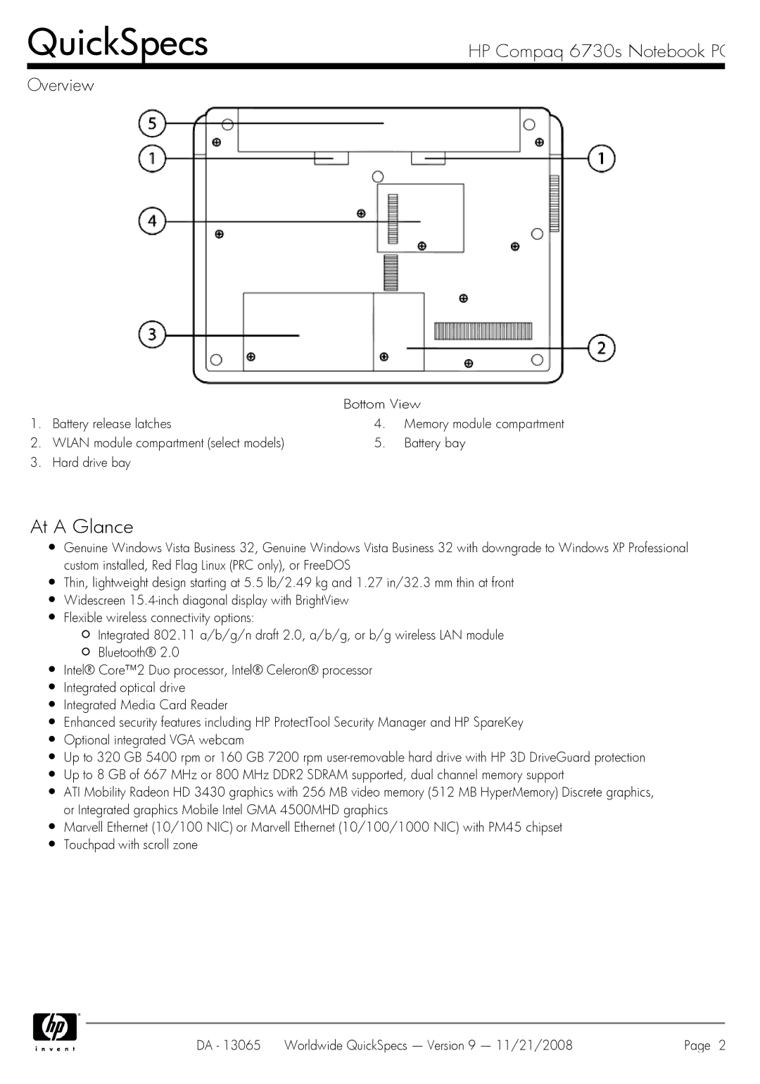 HP 6730s manual Bottom View, Battery release latches 