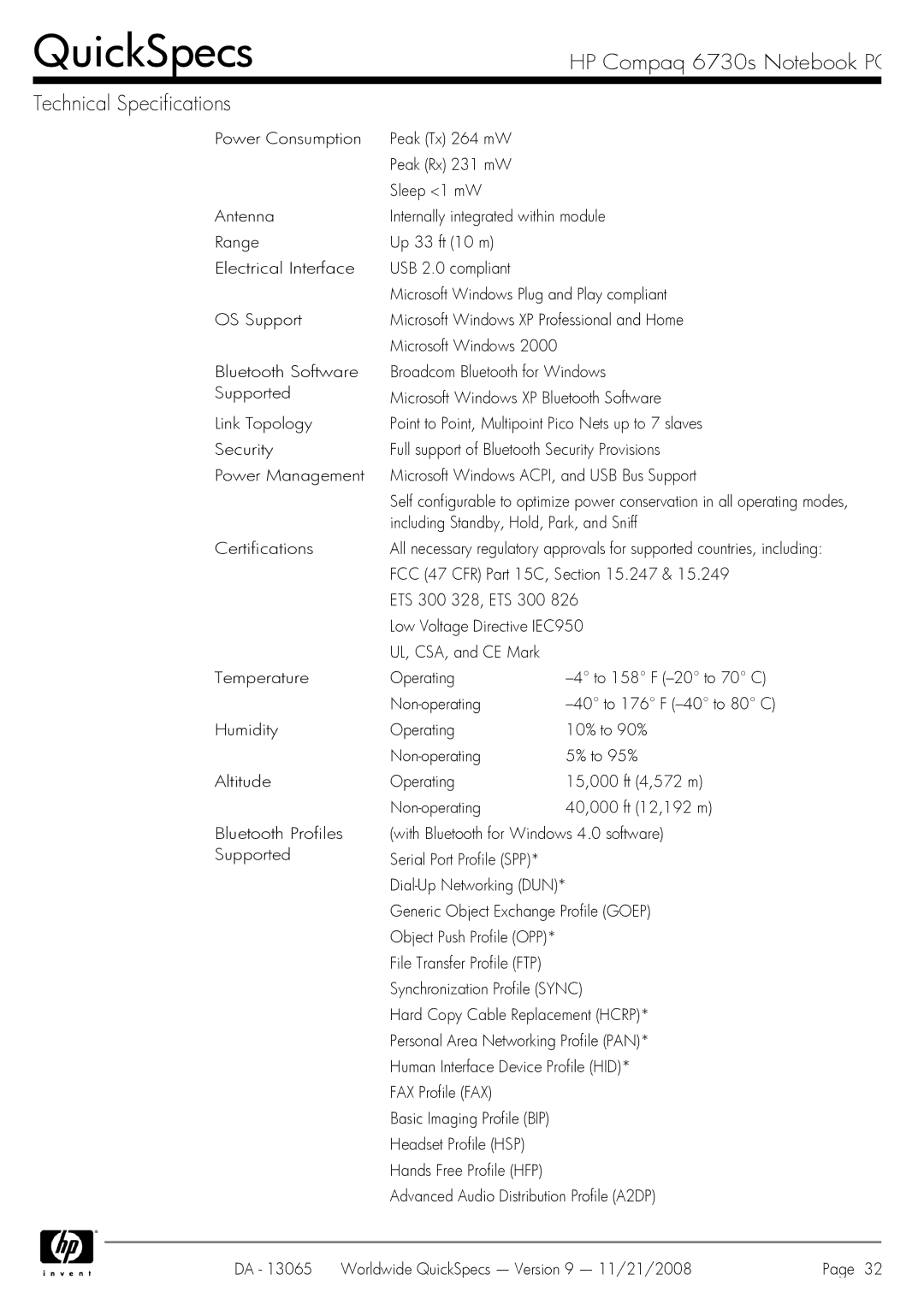 HP 6730s manual Including Standby, Hold, Park, and Sniff, FCC 47 CFR Part 15C, .247, ETS 300 328, ETS 300 