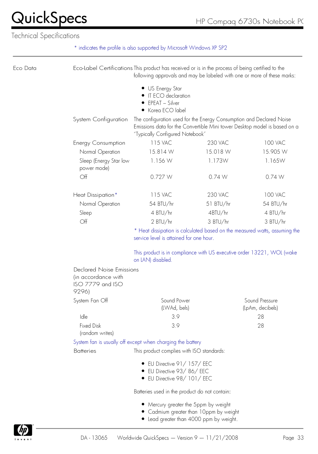 HP 6730s manual Idle Fixed Disk Random writes, System fan is usually off except when charging the battery 