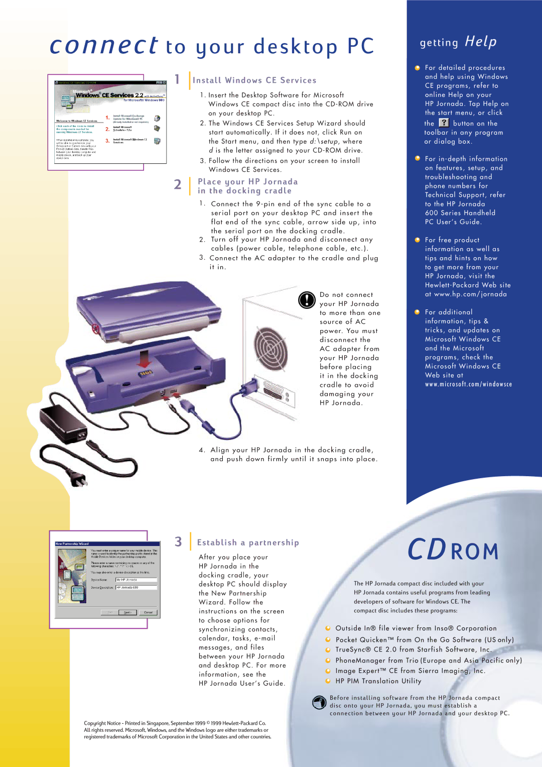 HP 680e Handheld manual Install Windows CE Services, Place your HP Jornada in the docking cradle, Establish a partnership 