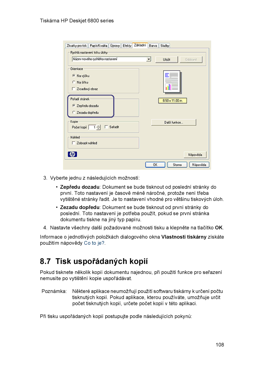 HP 6800 manual Tisk uspořádaných kopií 