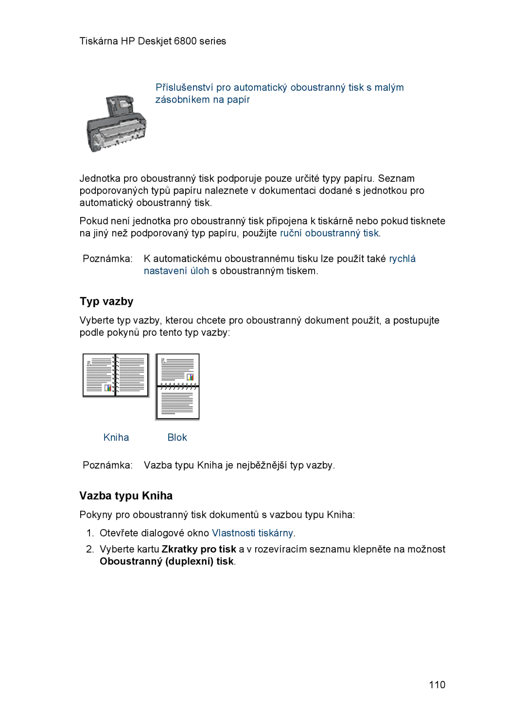 HP 6800 manual Typ vazby, Vazba typu Kniha, Kniha Blok, Oboustranný duplexní tisk 