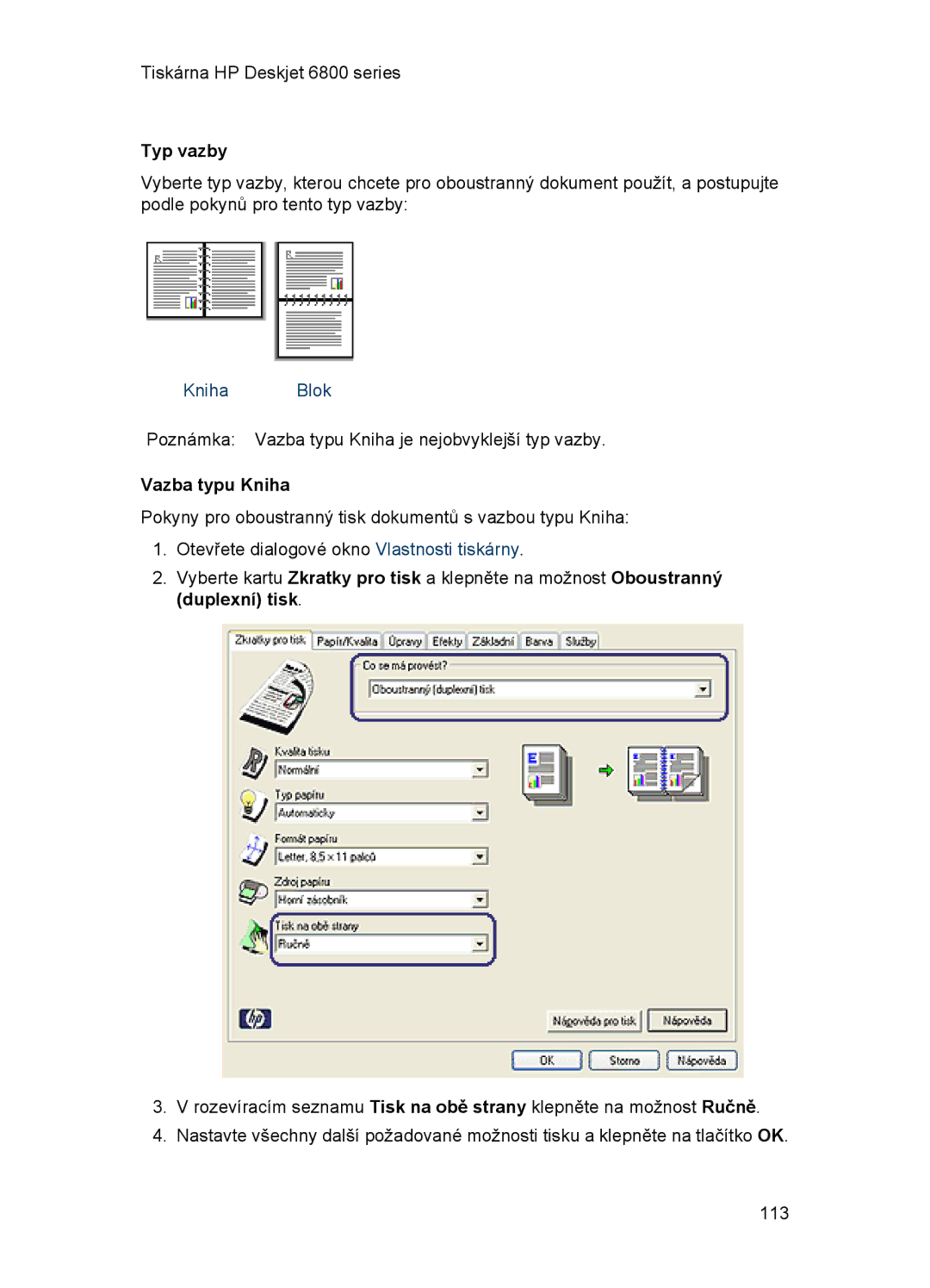 HP 6800 manual Typ vazby, Vazba typu Kniha 