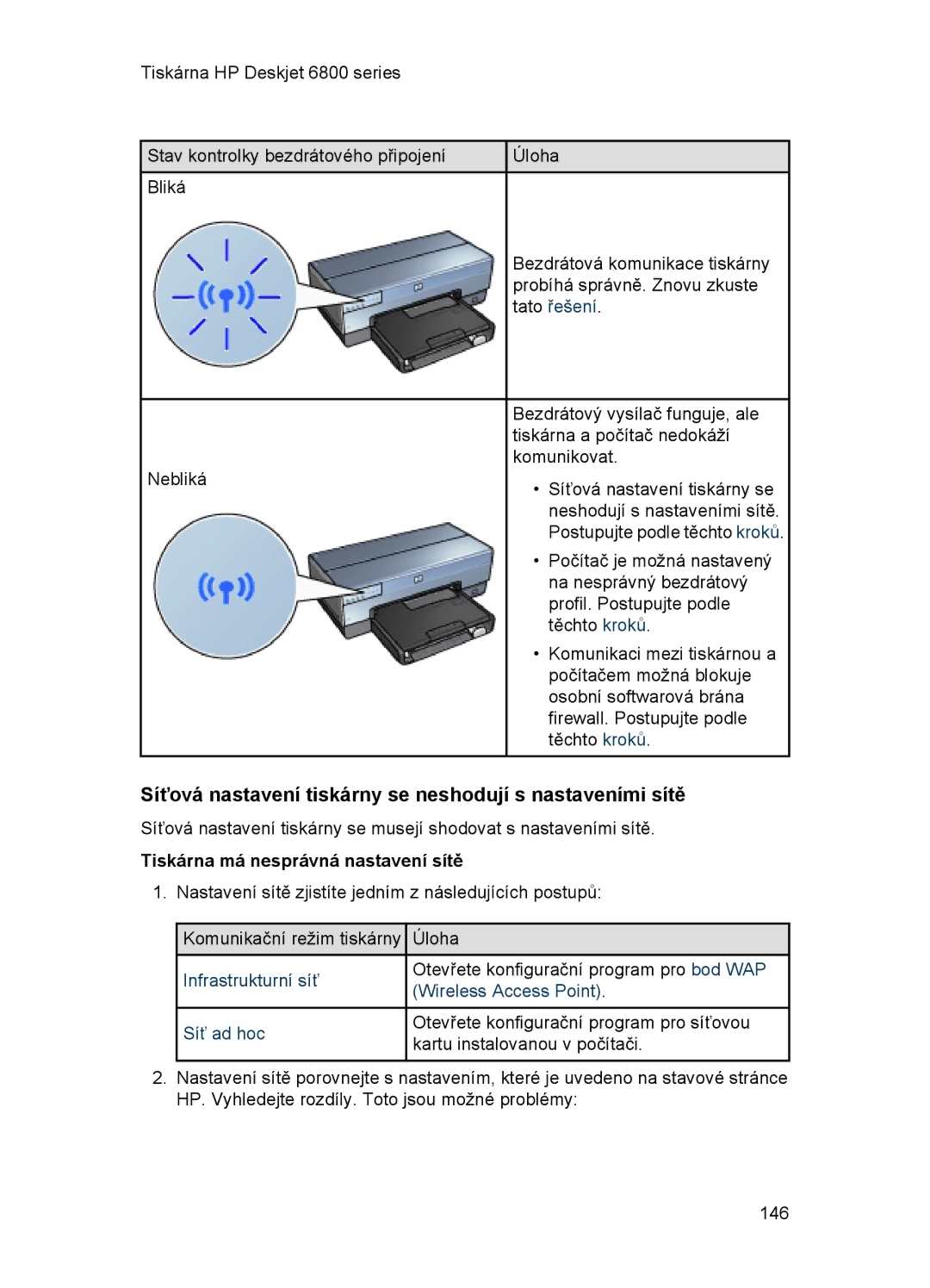 HP 6800 manual Síťová nastavení tiskárny se neshodují s nastaveními sítě, Tiskárna má nesprávná nastavení sítě 