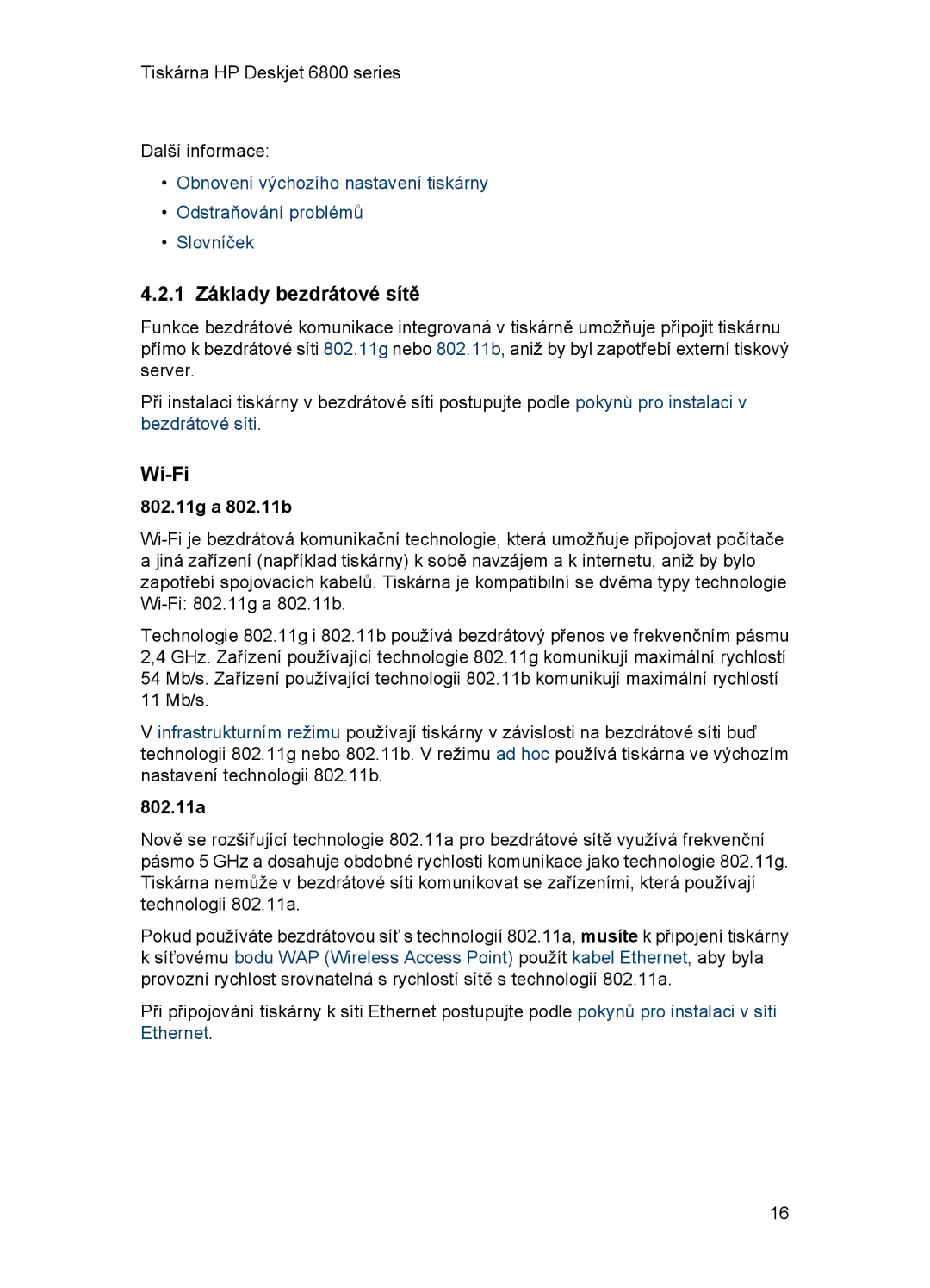 HP 6800 manual 1 Základy bezdrátové sítě, Wi-Fi, 802.11g a 802.11b, 802.11a 