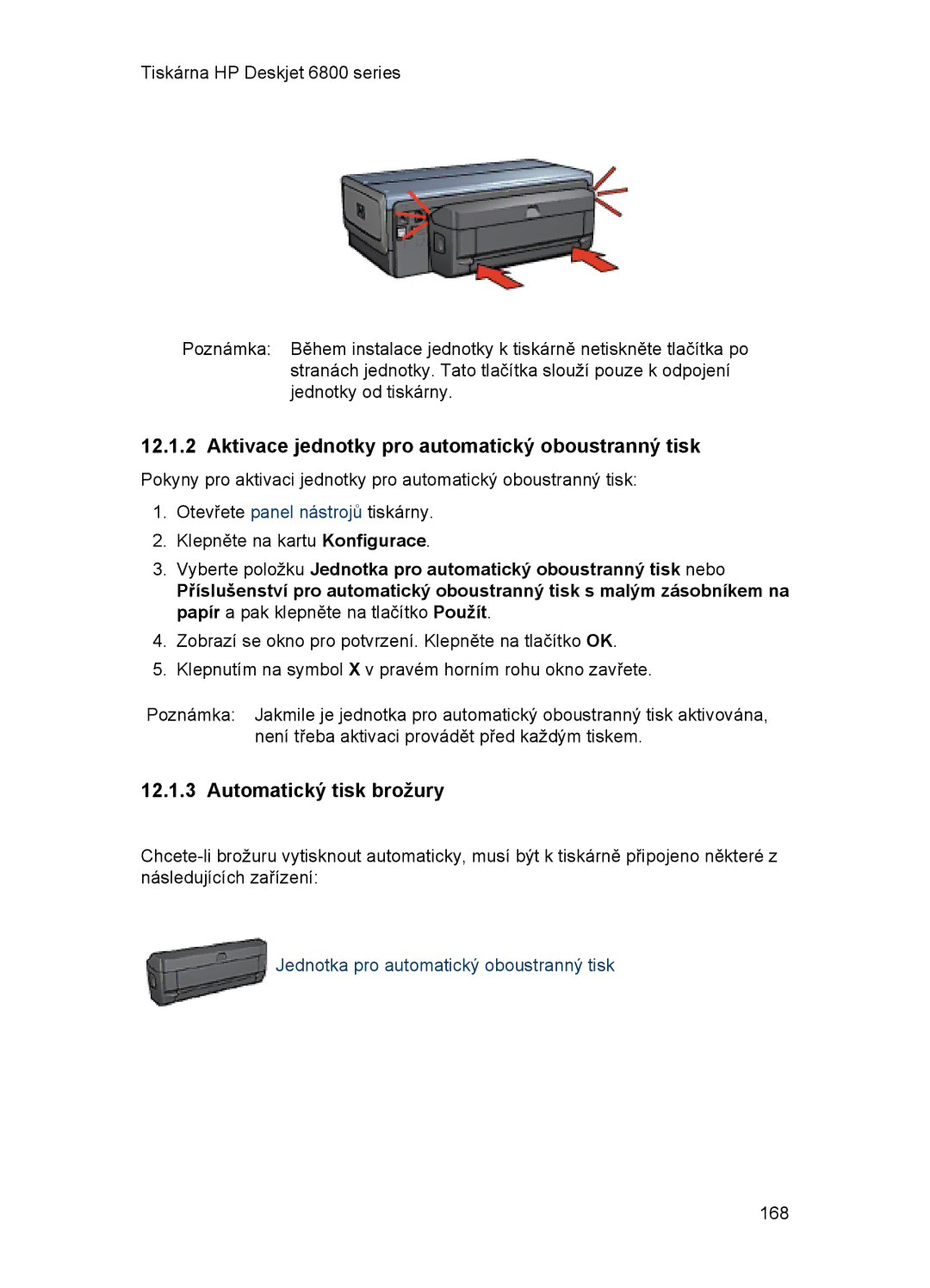 HP 6800 manual Aktivace jednotky pro automatický oboustranný tisk, Automatický tisk brožury 